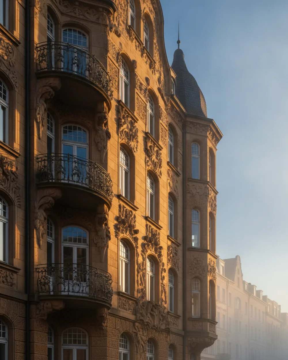 Ornate Jugendstil-Fassade in einer deutschen Altstadt im Abendlicht — sinnbildlich für Görlitz' rund 4.000 historische Baudenkmäler