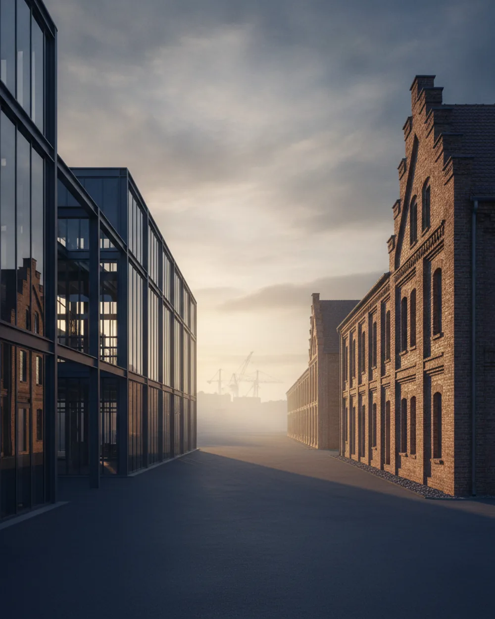 Modernes Industriegebäude am Rand einer historischen deutschen Stadt im Abendlicht — sinnbildlich für Görlitz' Strukturwandel von Schienenfahrzeug zu Rüstung und Wasserstoff